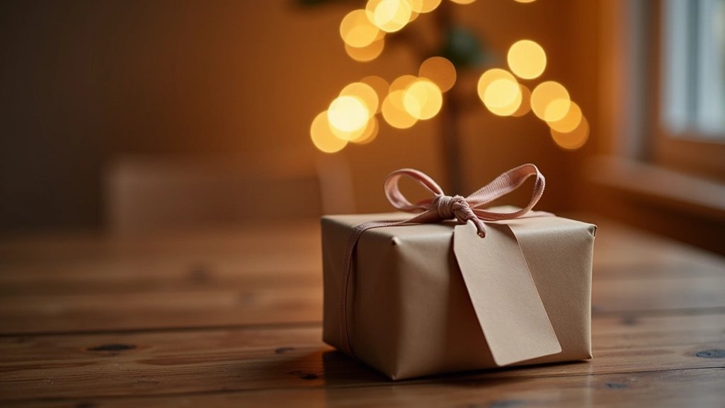 Dárek zabalený v papíru a stuhou na lesklém stole s vánoční dekorací a jménem příjemce