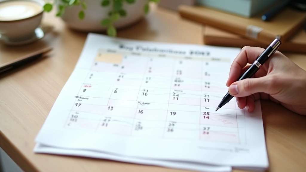 Kalendář s vyznačenými dny narození a oslav, psací potřeby a poznámky o datech