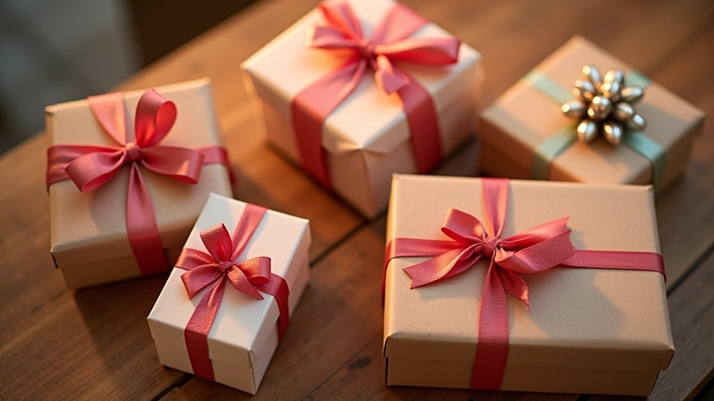 Různé malé a velké dárky zabalené v papíru s mašlí