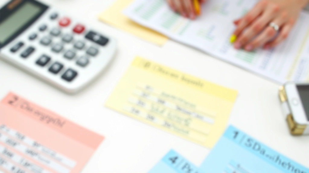 Barevné kartičky s různými čísly a částkami rozřazené na bílém stole s kalkulačkou