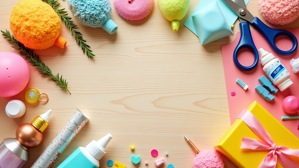 Různobarevné papíry a dekorační materiály rozložené na dřevěném stole s nůžkami a lepidlem