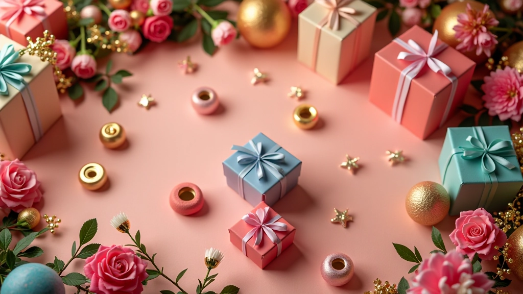 Barevné dárky a dekorace na slavnostním stole s květinami a svícemi
