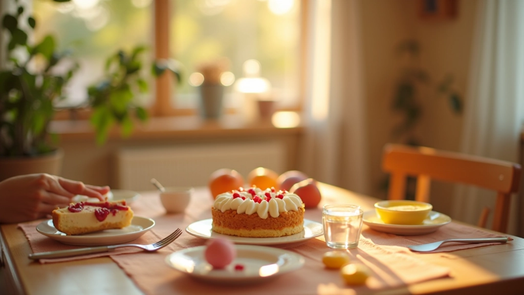 Rodina u stolu při oslavě s domácím jídlem a DIY dekoracemi