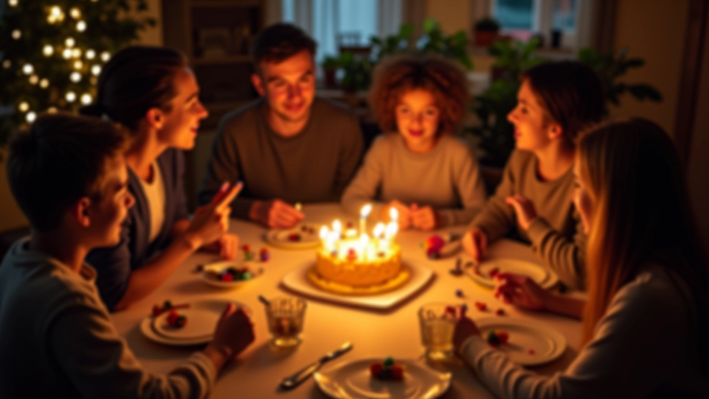 Rodina slaví narozeniny u domácího stolu s dort a svíčkami