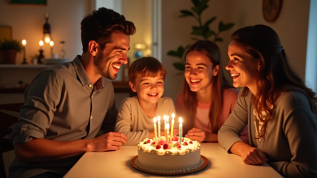 Rodina sedí u stolu se svícemi a oslavuje narozeniny bez drahých dárků