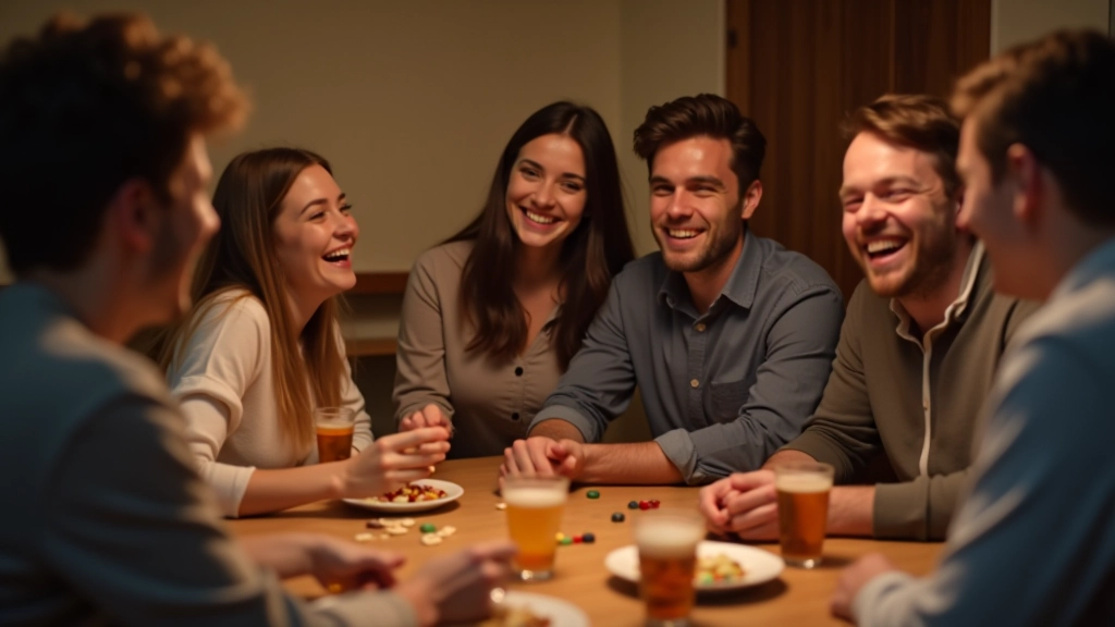 Přátelé si hrají deskovou hru kolem stolu se smějem a nápojem