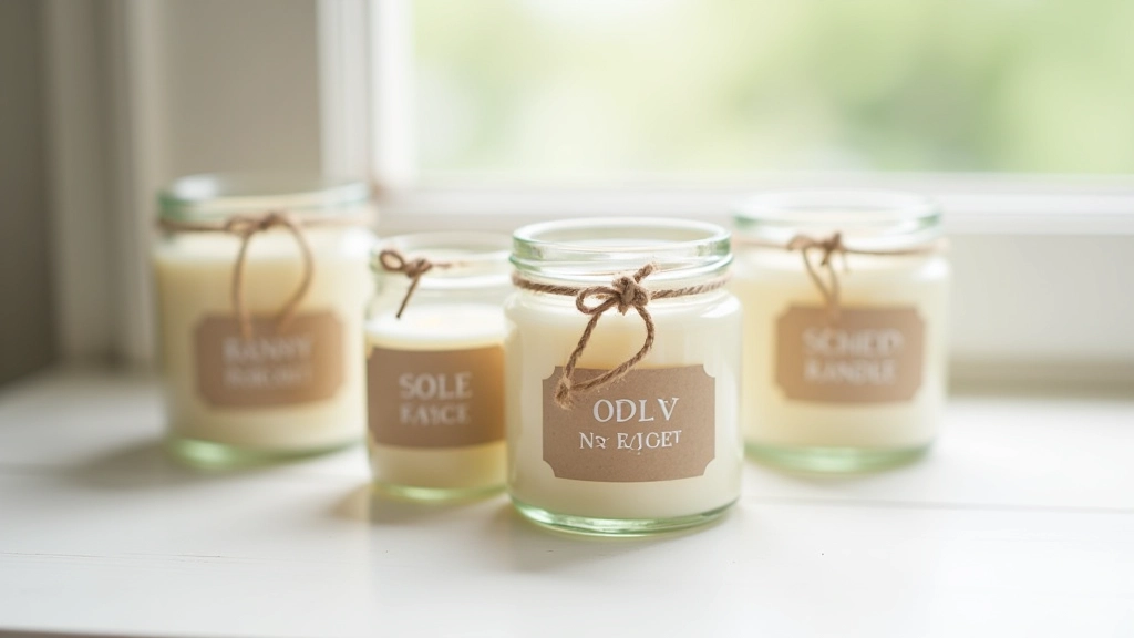 Hotové domácí svíčky v různých barvách v skleničkách s ozdobným papírem a stuhou