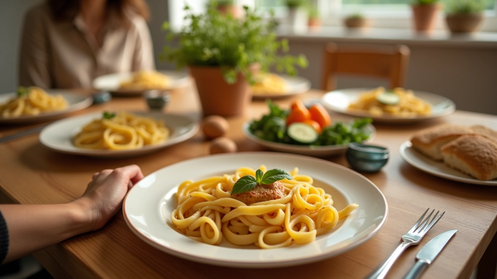 Kuchyňský stůl s domácími pokrmy a jednoduchou tabuli s jídlem