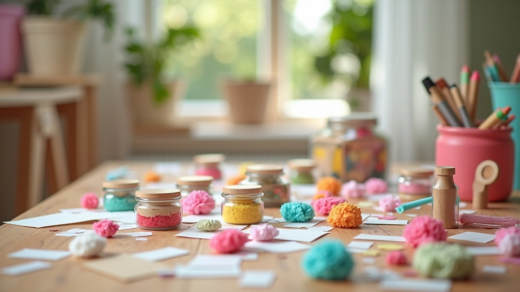 Domácí dekorace vyrobené z papíru, látky a starých sklenic na stole