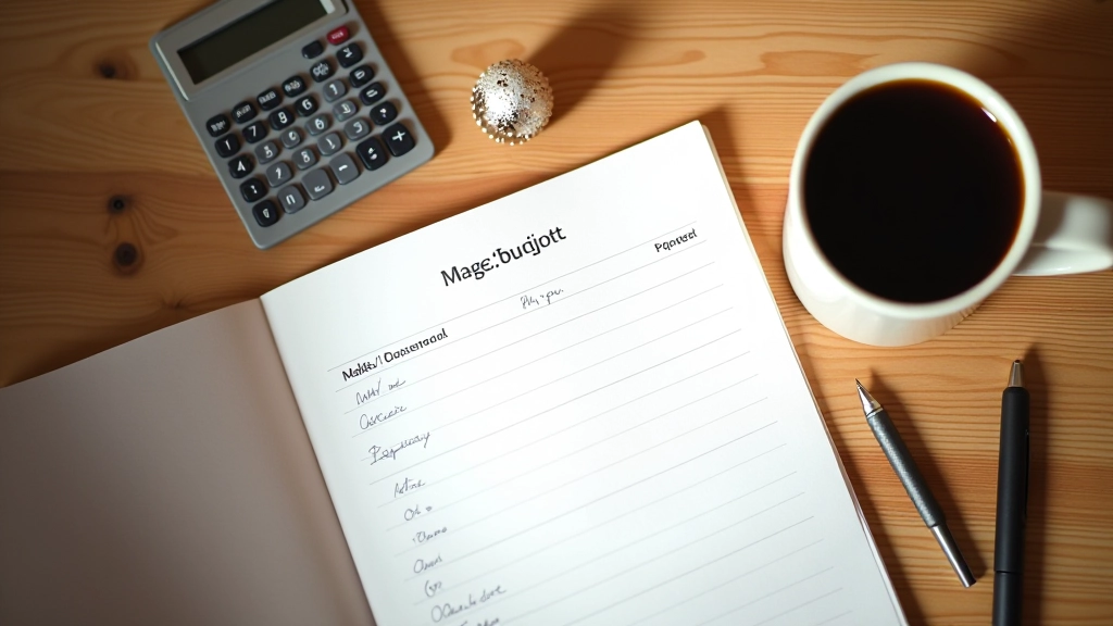 Notebook se seznamem darů a rozpočtem vedle kalkulačky a tužky na pracovním stole