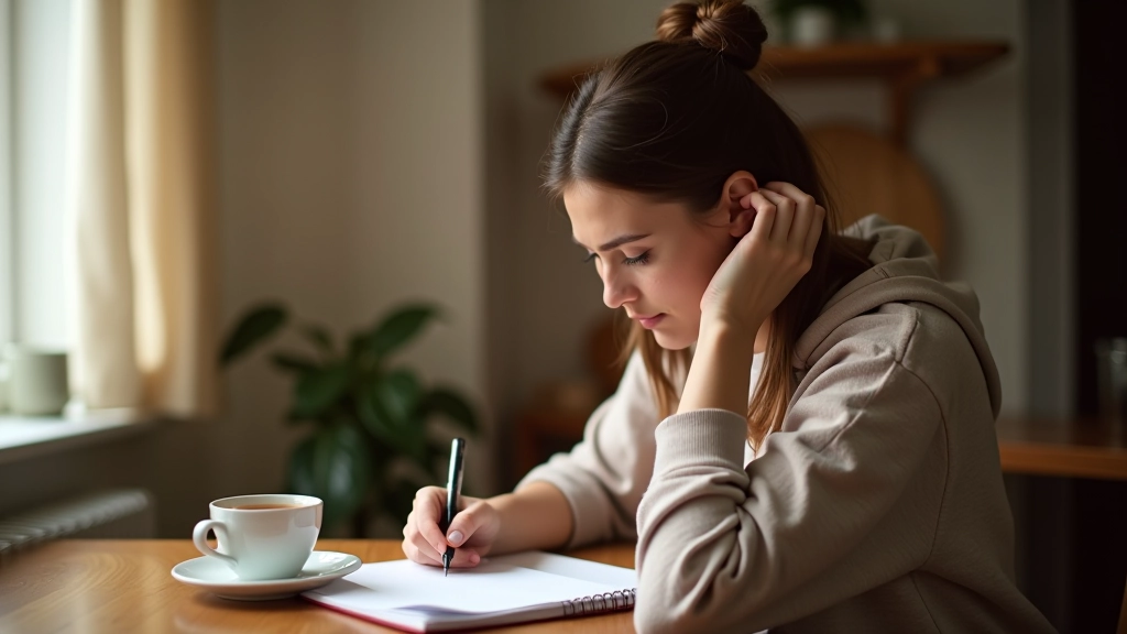 Člověk sedí u psacího stolu a píše seznam jmen do notebooku s tužkou a poznámkovým blokem